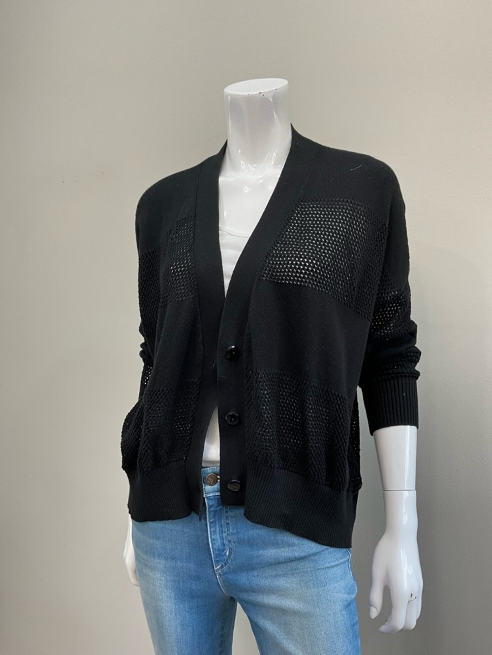 PLANET by Lauren G Black Open Weave Cardigan Button Front Lightweight OS